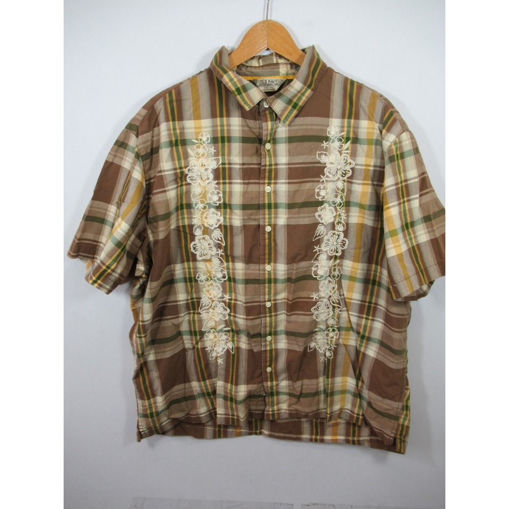 Vtg 90s Old Navy Embroidered Hawaiian Shirt Men XXL Cotton Short Sleeve Plaid